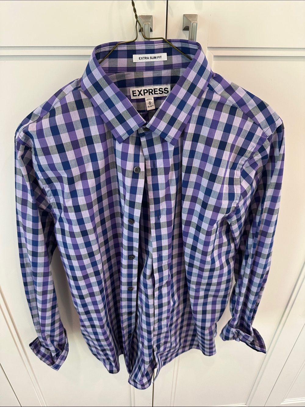 Express Men's Purple and Blue Check Extra Slim Fit Shirt